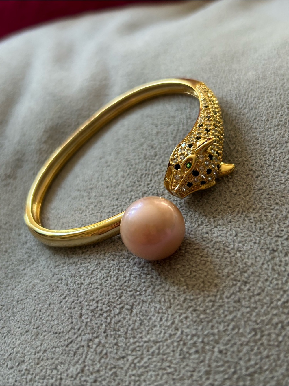 Gold Leopard Head Cuff Bracelet with Pink Pearl Accent